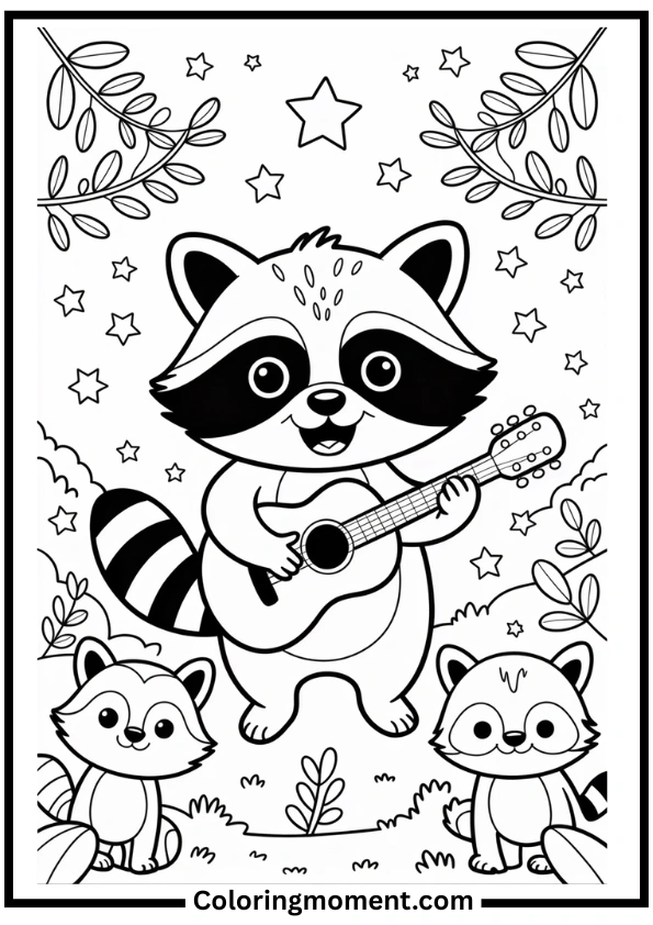 Raccoon Playing Guitar at Night Coloring Page