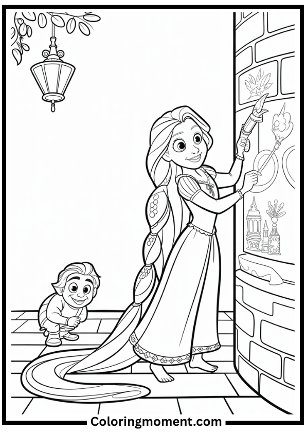 Rapunzel Painting in Tower Coloring Page
