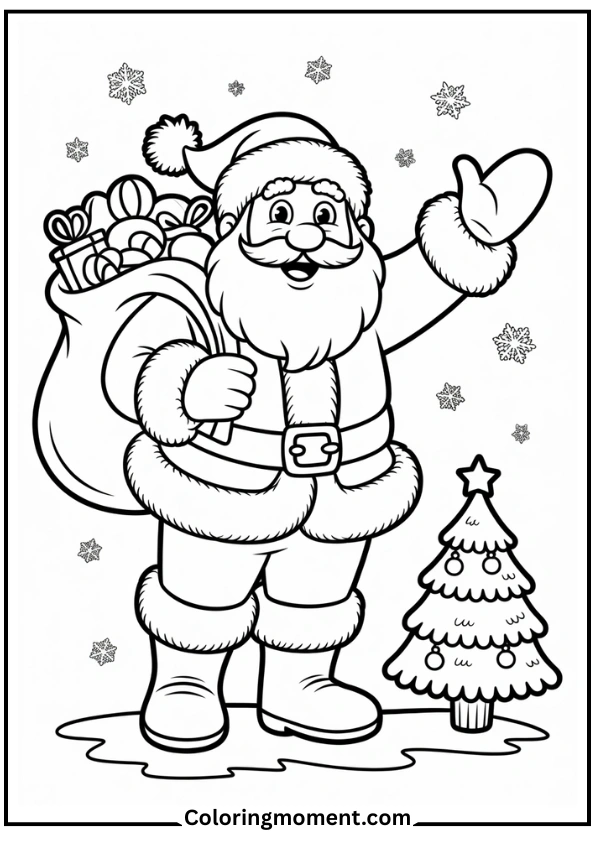 Santa Claus waving with a sack of toys