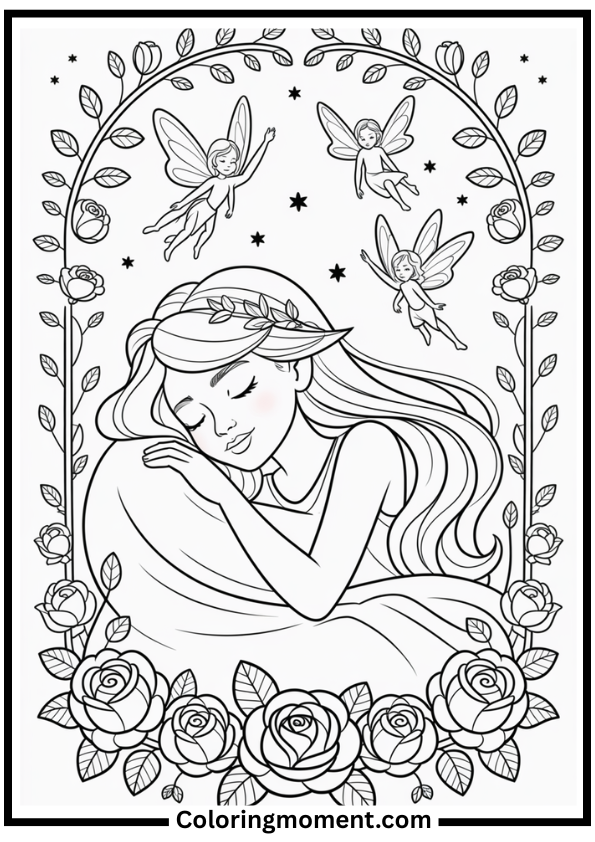 Sleeping Aurora with Fairies Coloring Page