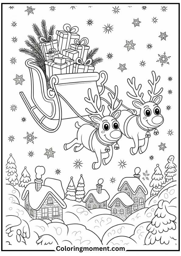 Sleigh with presents flying over a village