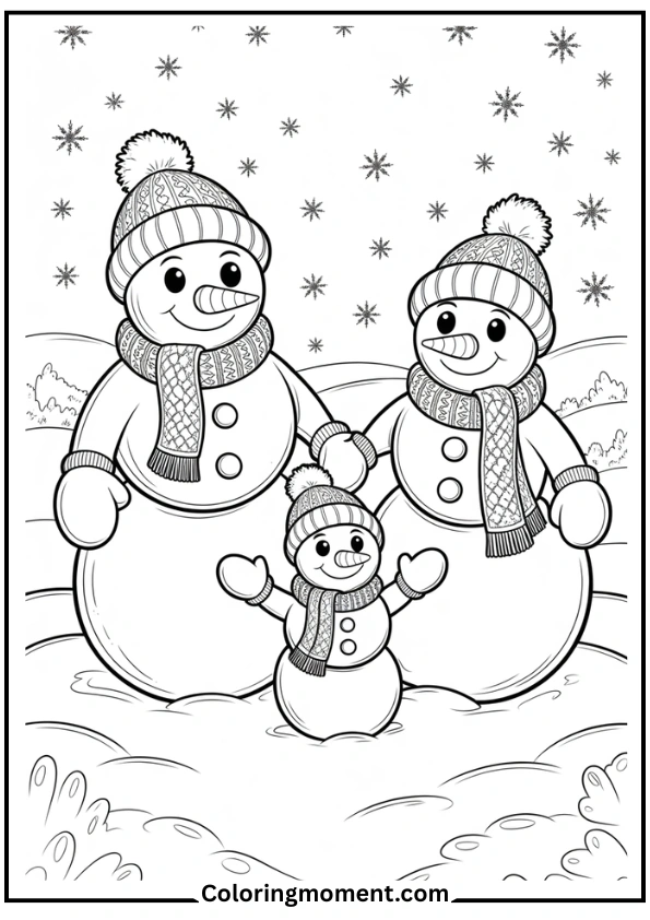 Snowman family holding hands