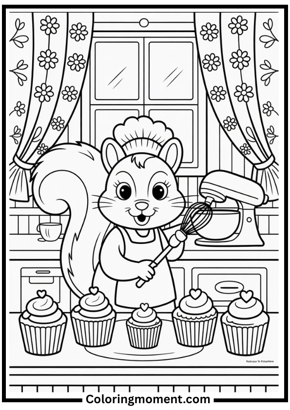 Squirrel Baking Cupcakes Coloring Page