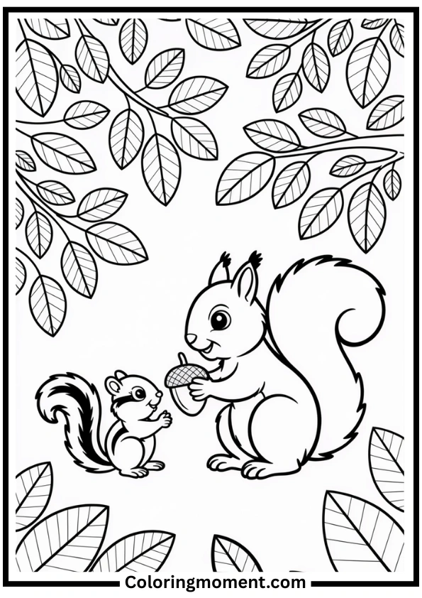 Squirrel Sharing with Chipmunk Coloring Page