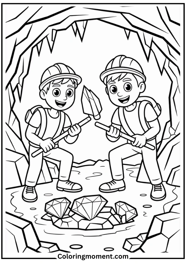 Steve and Alex Mining for Diamonds Coloring Page