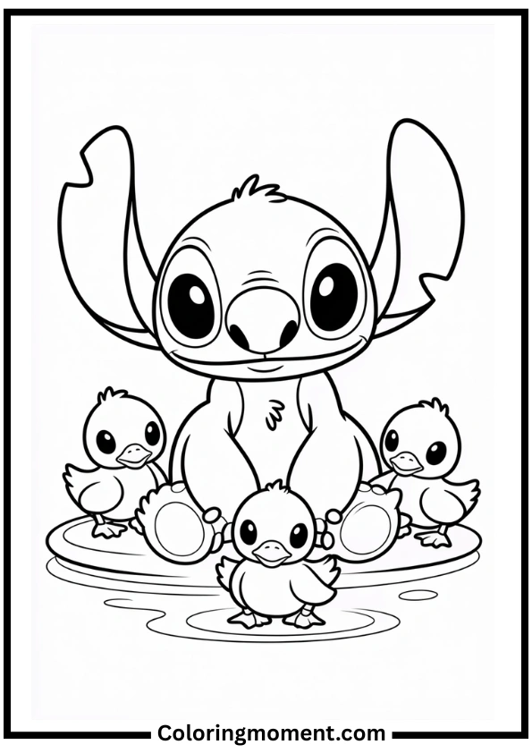 Stitch Playing with Ducklings Coloring Page