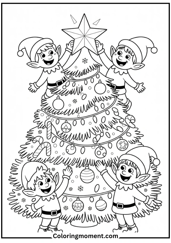 Three elves decorating a Christmas tree