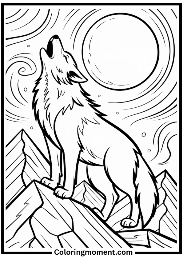 Wolf Howling at the Moon Coloring Page