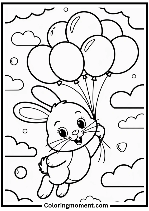 Bunny Floating with Balloons Coloring Page