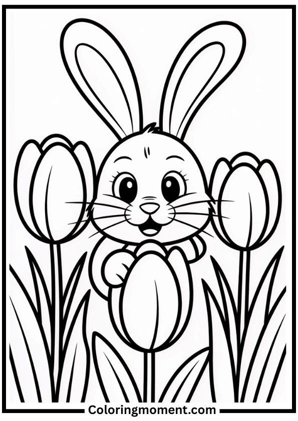 Bunny Playing Hide and Seek in Tulips Coloring Page