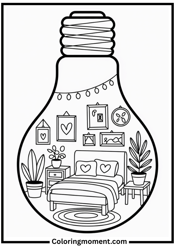 Cozy Bulb Bedroom coloring page