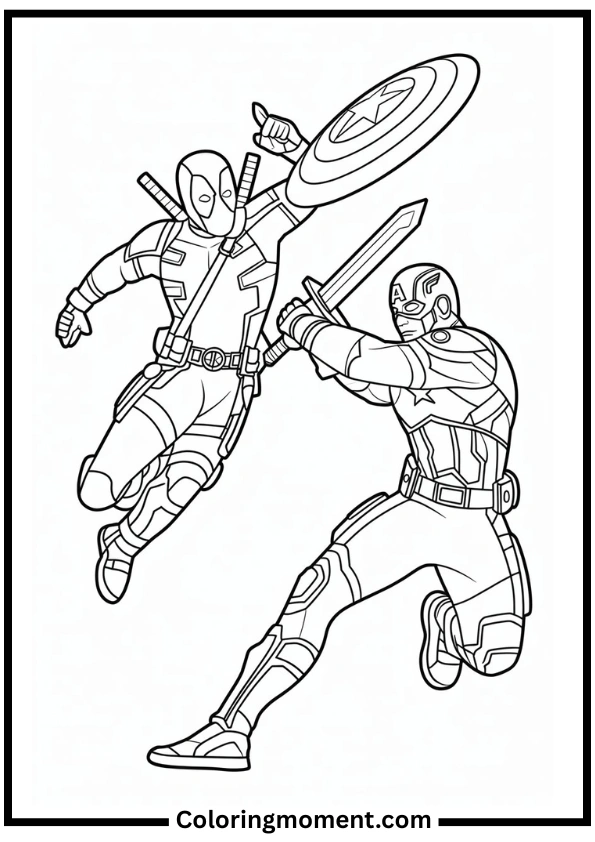 Deadpool vs. Captain America Coloring Page