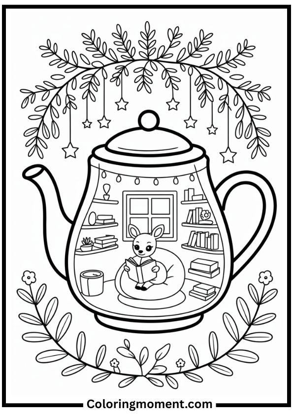 Deer Reading Nook Teapot coloring page