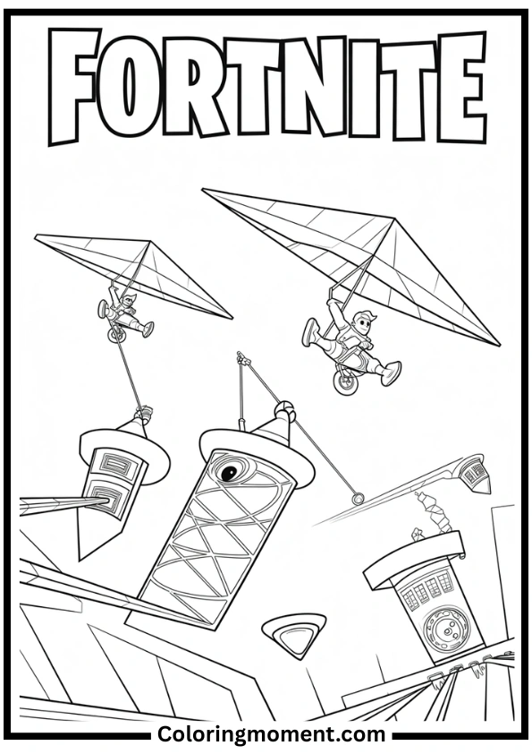 Fortnite Duo Gliding into Tilted Towers Coloring Page