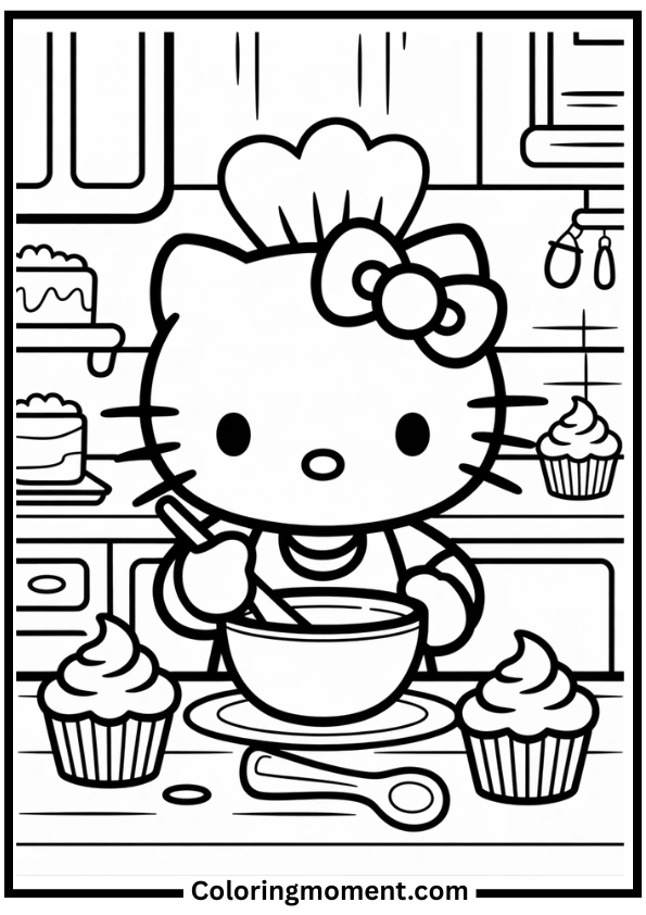 Hello Kitty Baking Cupcakes Coloring Page