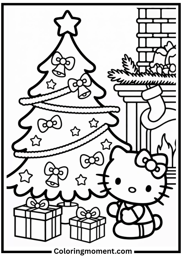 Hello Kitty Decorating Christmas Tree Coloring Page