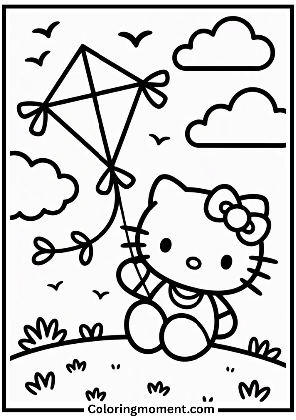 Hello Kitty Flying a Kite Coloring Page
