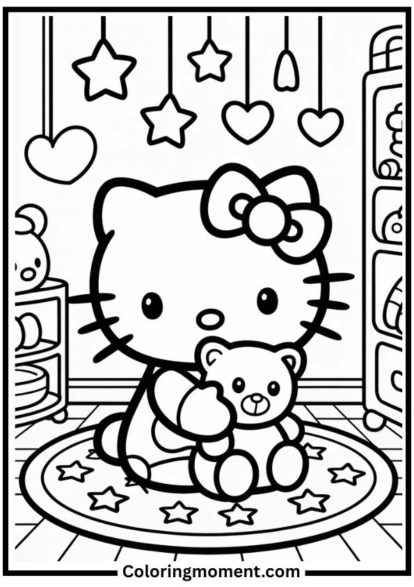 Hello Kitty Hugging Teddy Bear Coloring Page
