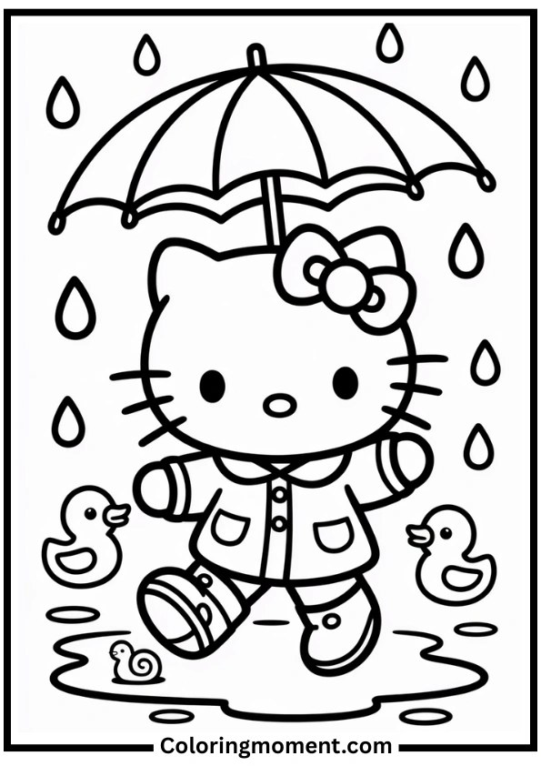 Hello Kitty Jumping in Rain Puddles Coloring Page
