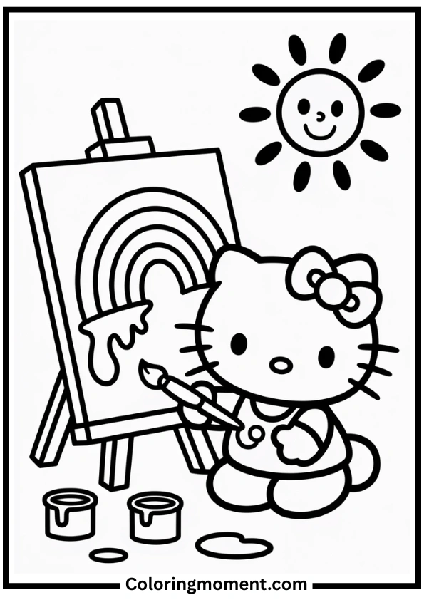 Hello Kitty Painting a Rainbow Coloring Page