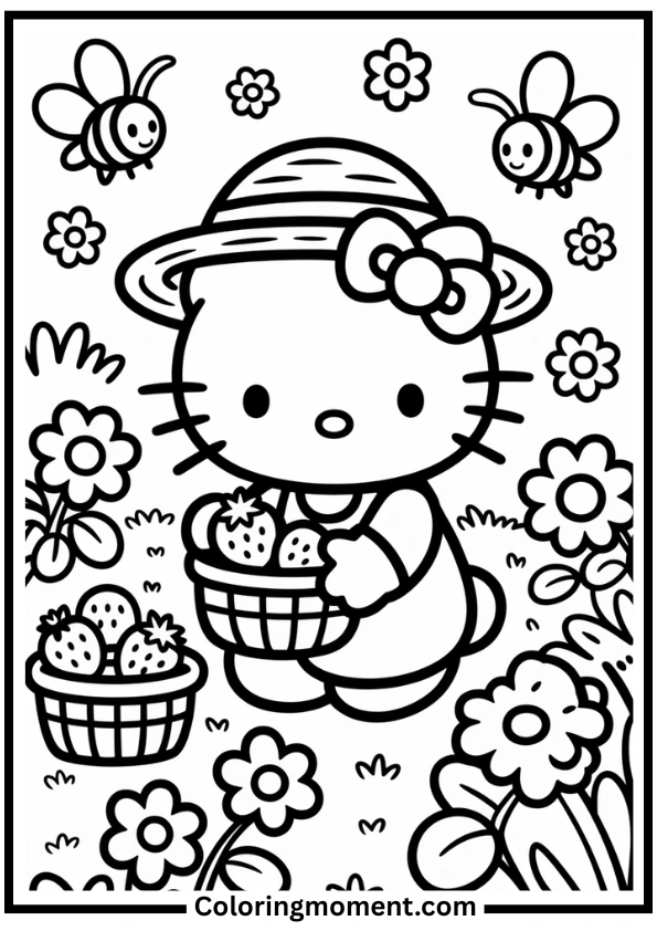 Hello Kitty Picking Strawberries Coloring Page