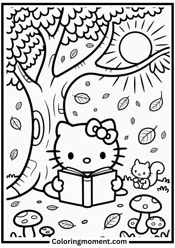Hello Kitty Reading Under a Tree Coloring Page