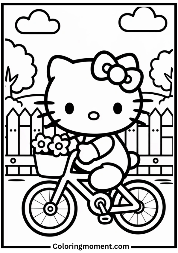 Hello Kitty Riding a Bicycle Coloring Page