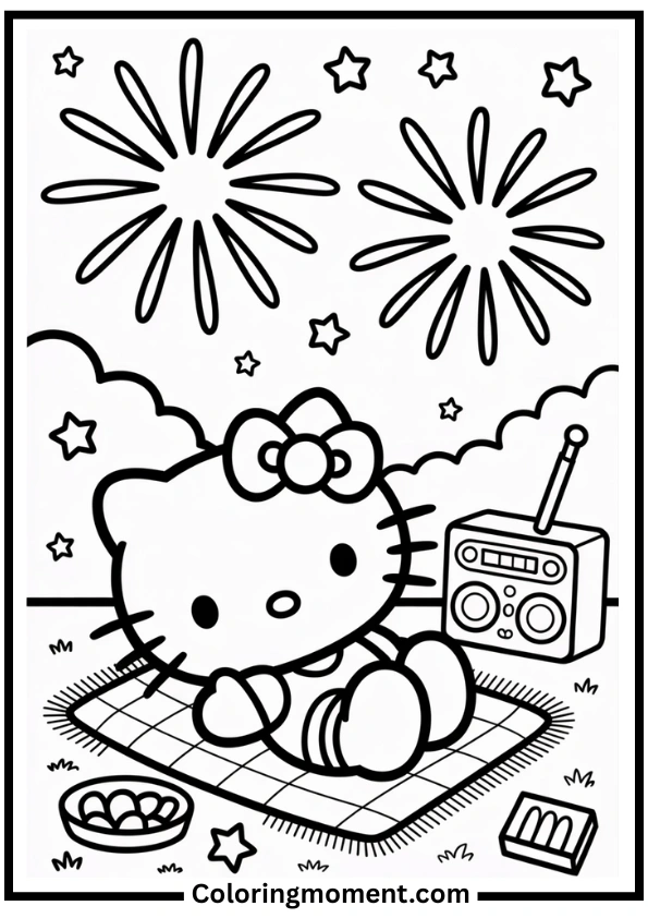 Hello Kitty Watching Fireworks Coloring Page