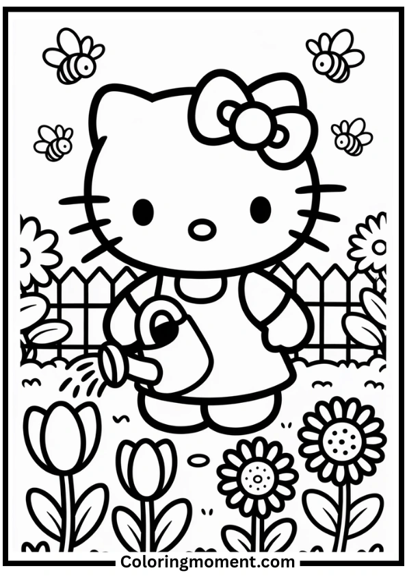 Hello Kitty Watering Flowers in the Garden Coloring Page
