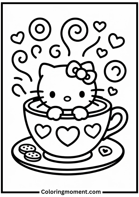 Hello Kitty in a Teacup Coloring Page