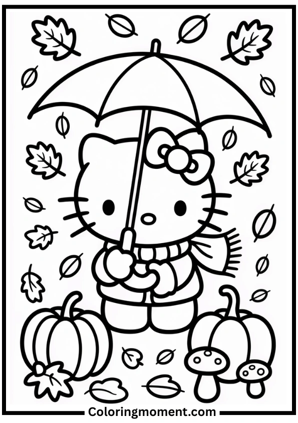 Hello Kitty with Autumn Leaves Coloring Page