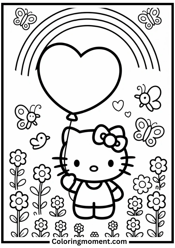 Hello Kitty with Heart Balloon Coloring Page