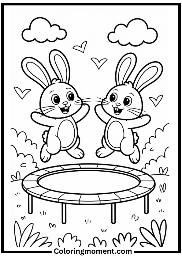 Jumping Bunnies on Trampoline Coloring Page