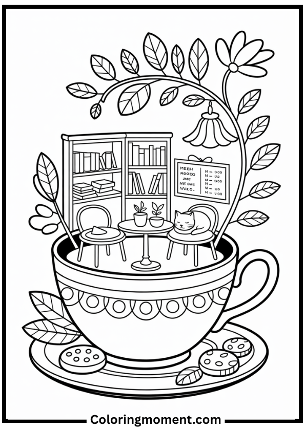 Mini Book Café in Teacup coloring page