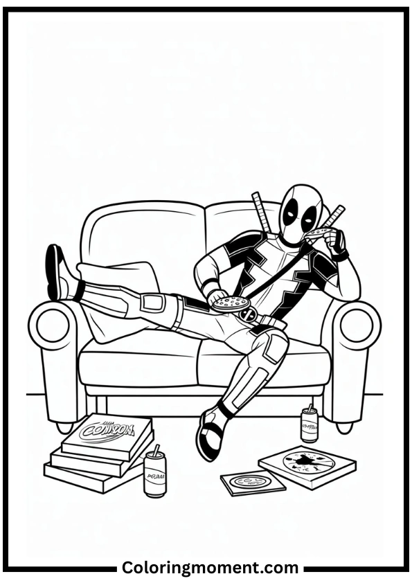 Pizza Time with Deadpool Coloring Page