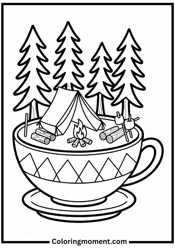 Tiny Camping Teacup coloring page