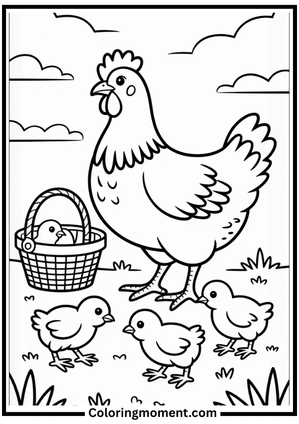 Chicken and Chicks Coloring Page
