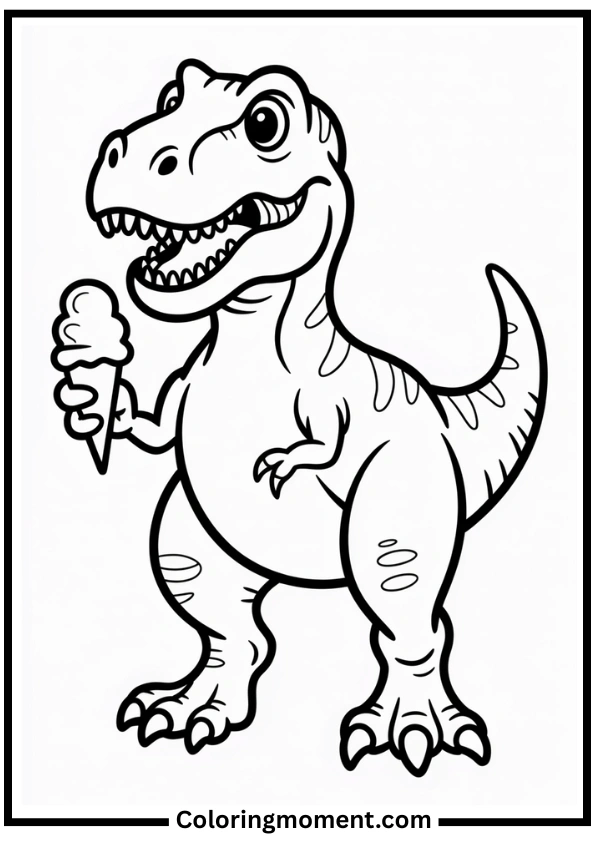 Happy T-Rex with Ice Cream Coloring Page