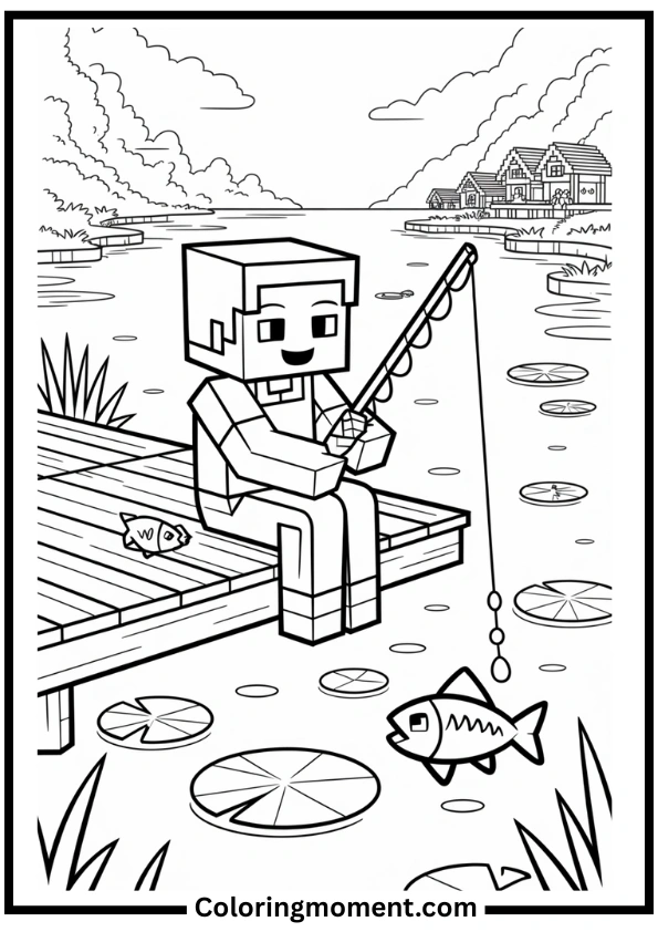 Minecraft Fishing at the Lake Coloring Page