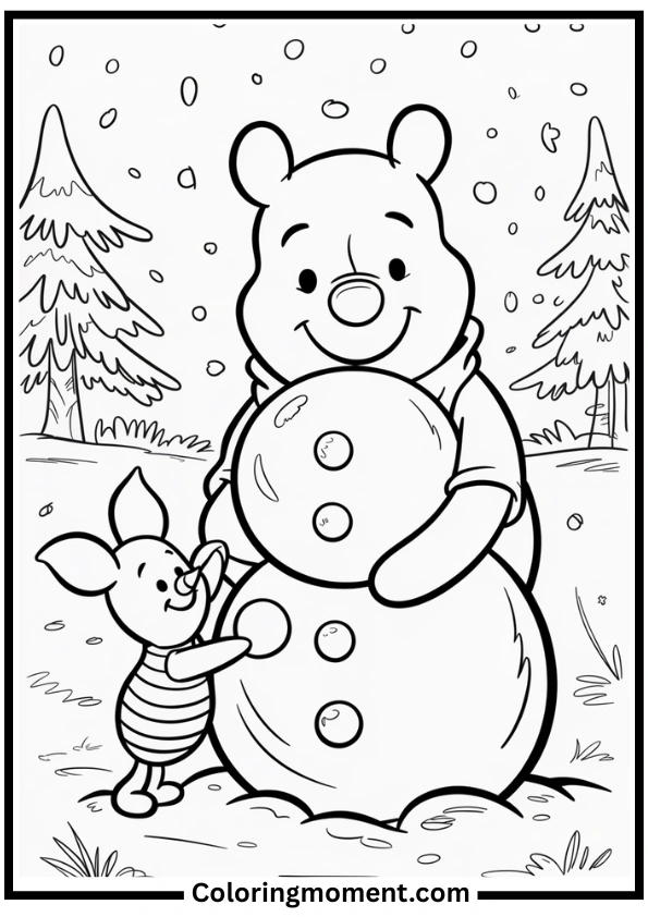 Winnie the Pooh Building Snowman Coloring Page
