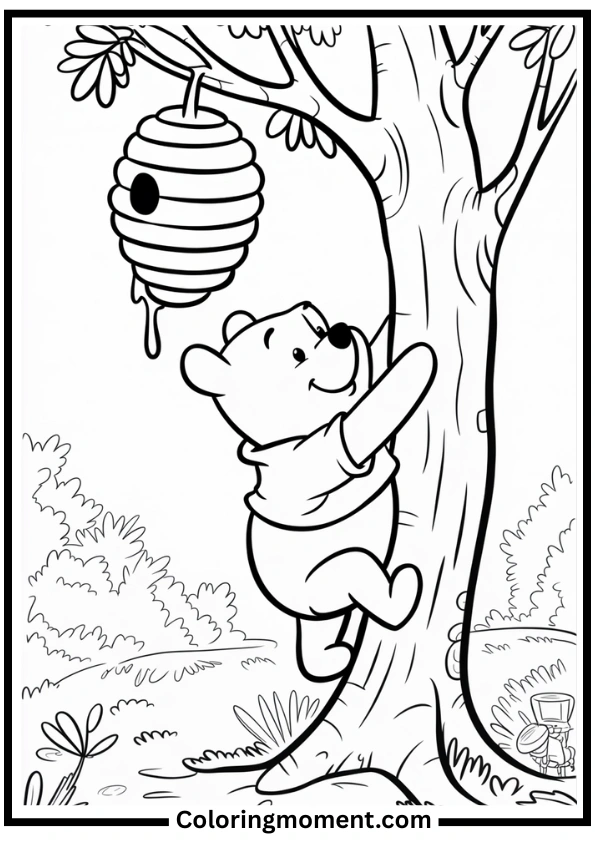 Winnie the Pooh Climbing Tree for Honey Coloring Page
