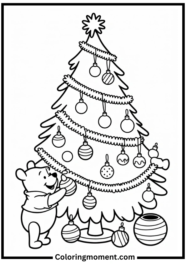Winnie the Pooh Decorating Christmas Tree Coloring Page