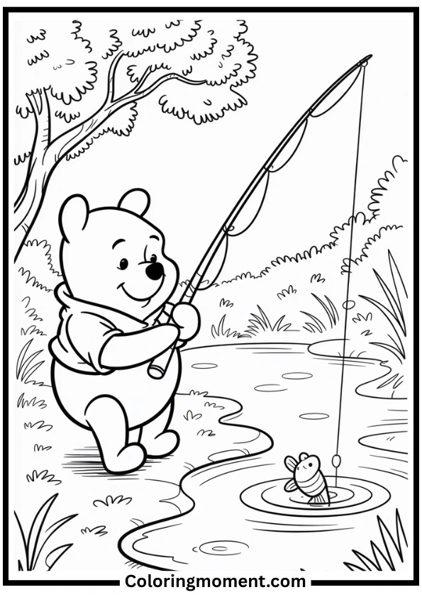 Winnie the Pooh Fishing at Pond Coloring Page