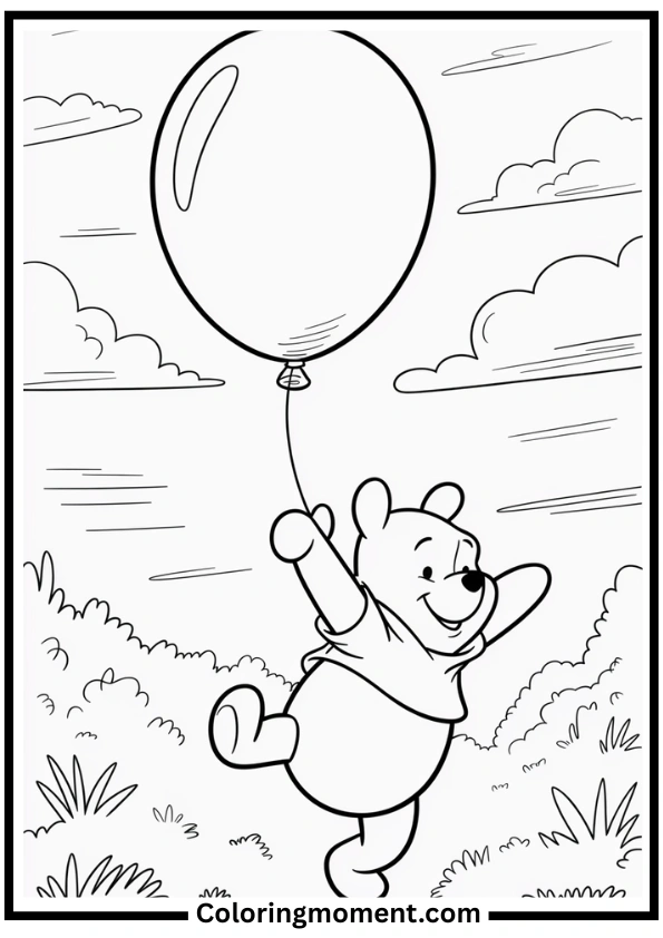 Winnie the Pooh Flying with Balloon Coloring Page