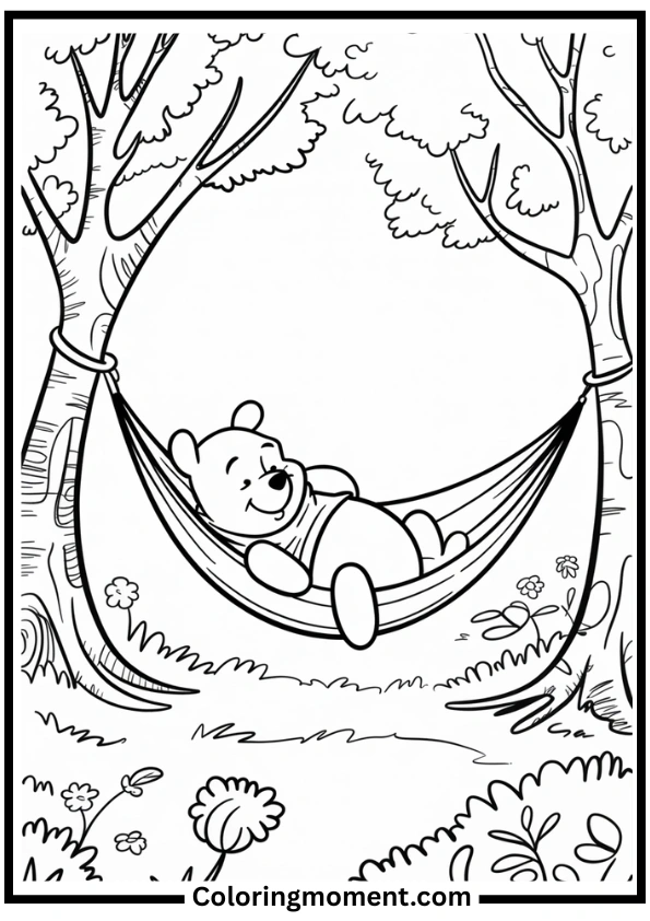 Winnie the Pooh Napping in Hammock Coloring Page