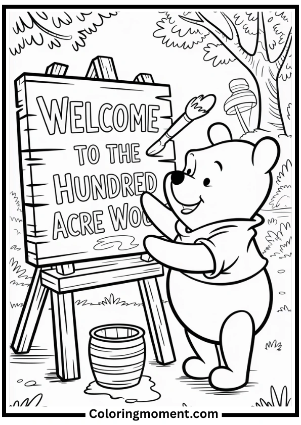 Winnie the Pooh Painting Welcome Sign Coloring Page
