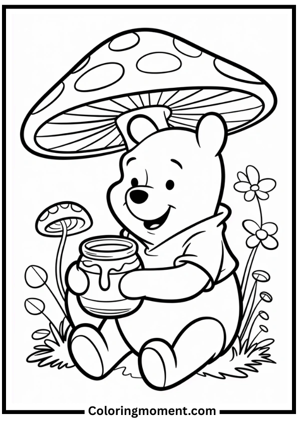 Winnie the Pooh Sitting Under Mushroom Coloring Page