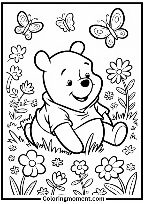 Winnie the Pooh in Flower Meadow Coloring Page