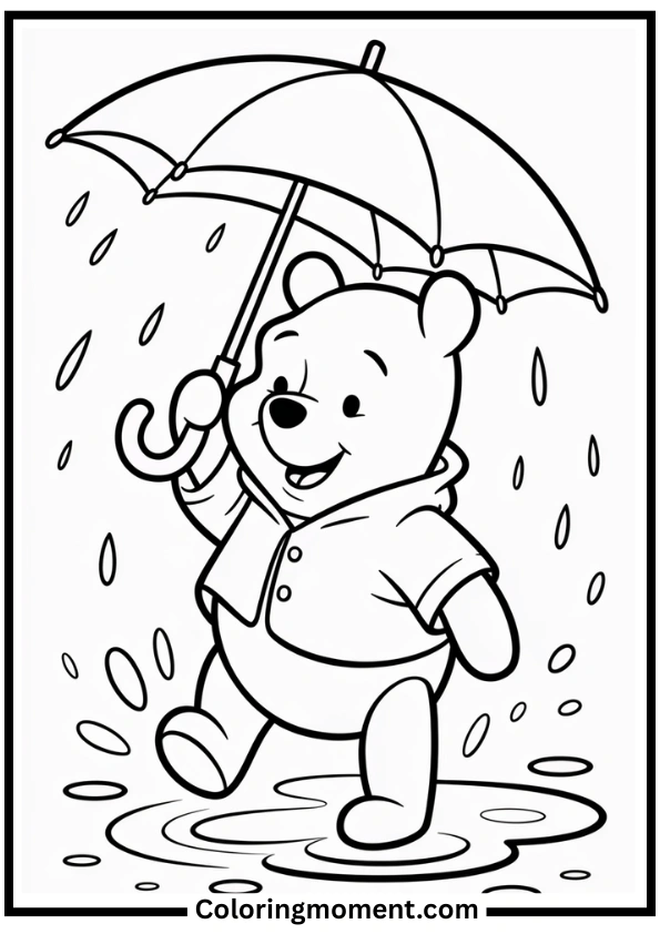Winnie the Pooh in Raincoat with Umbrella Coloring Page