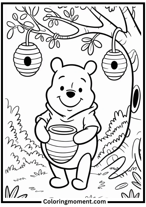 Winnie the Pooh with Honey Pot Coloring Page